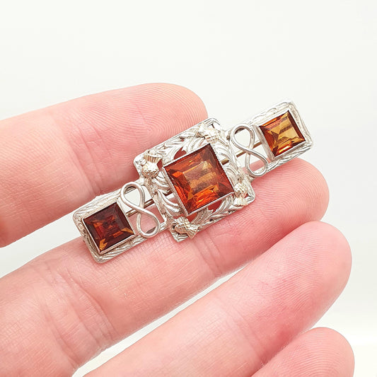 Antique Solid Silver Natural Garnet Brooch Scottish Thistle Flower Gold Highlights Square Cut Red Gemstone Vintage Jewelry Jewellery