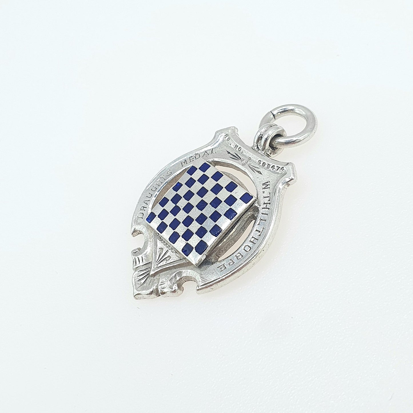 Antique Sterling Silver Draughts Medal Fob Pendant Checkers Blue Enamel Checkerboard 1925 Hallmark Womens Mens Jewelry Jewellery