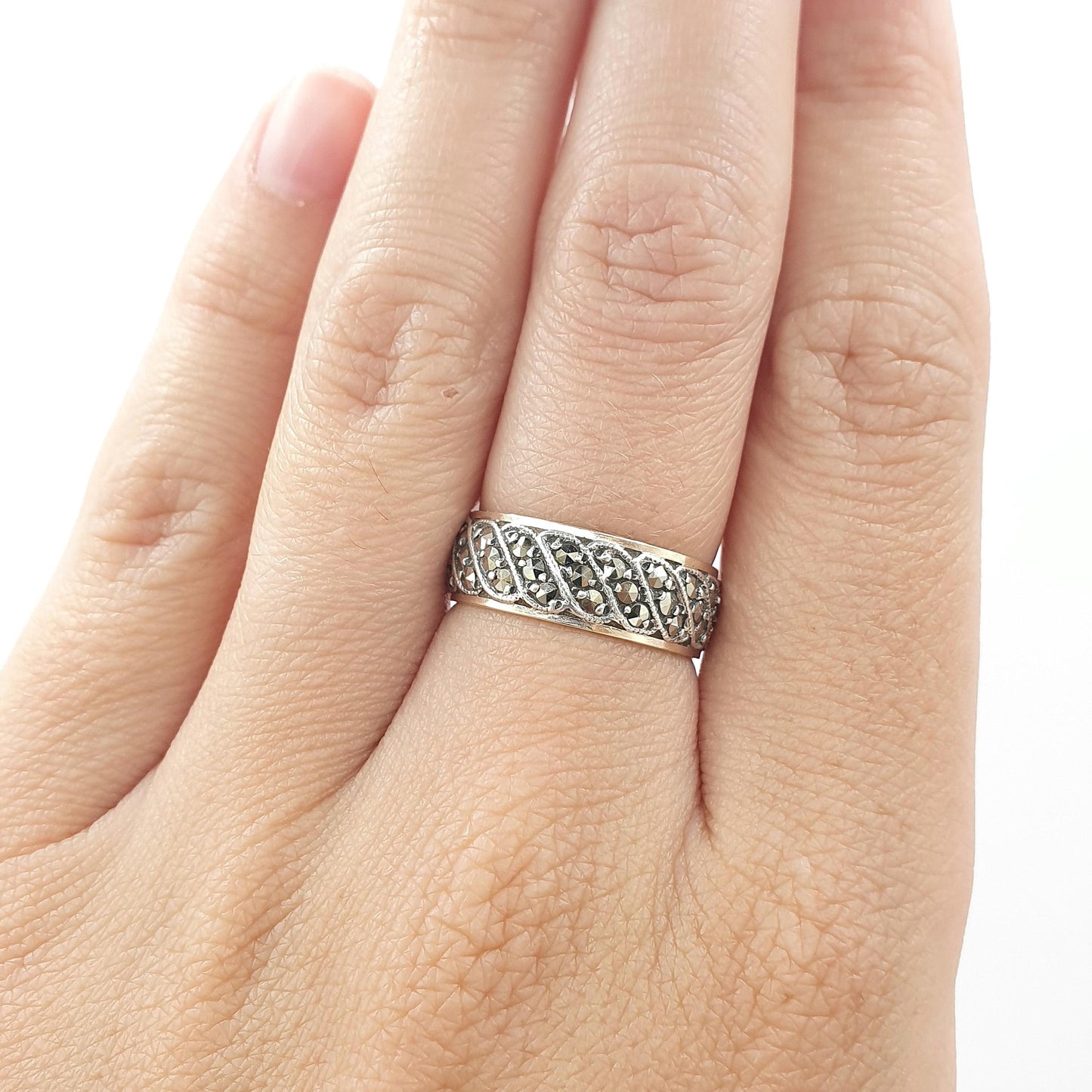 Antique 9ct Gold & Solid Silver Marcasite Eternity Ring Triple Wave Pattern Gift Love Womens Mens Jewellery Jewelry UK N  US 6.75