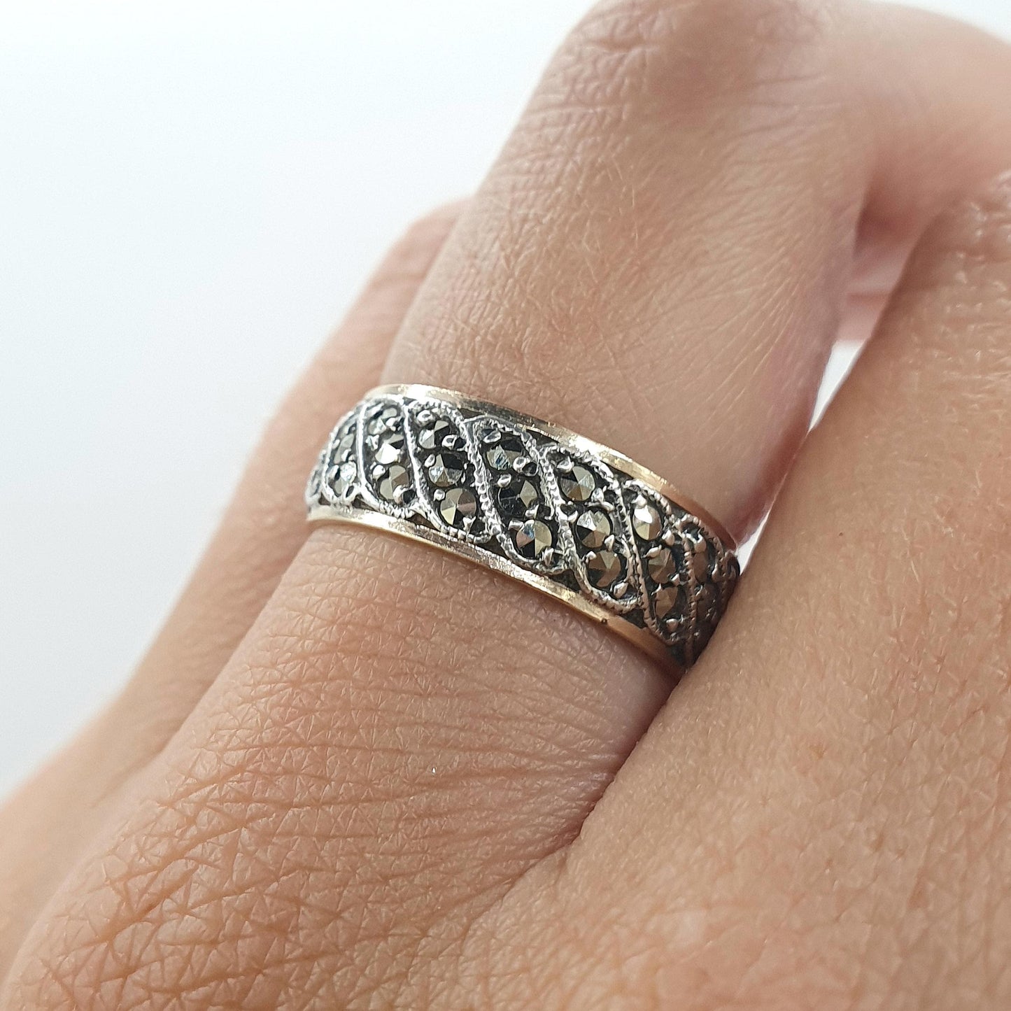 Antique 9ct Gold & Solid Silver Marcasite Eternity Ring Triple Wave Pattern Gift Love Womens Mens Jewellery Jewelry UK N  US 6.75