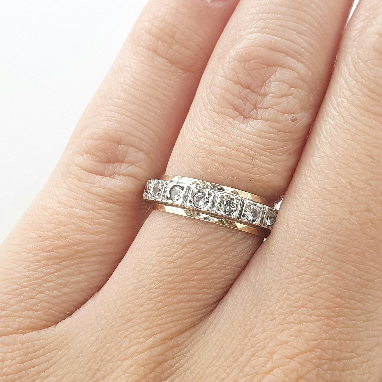 Antique 9ct Gold & Solid Silver White Spinel Eternity Ring Square Pattern Love Gift Vintage Womens Jewelry Jewellery UK K or US 5.25