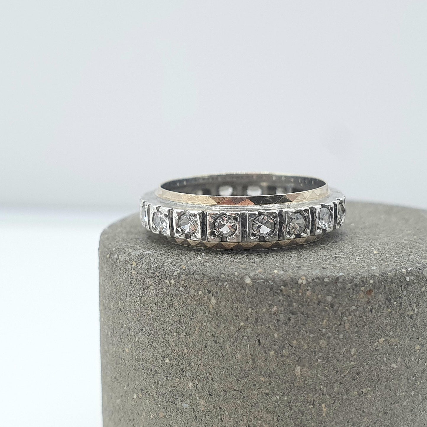 Antique 9ct Gold & Solid Silver White Spinel Eternity Ring Square Pattern Love Gift Vintage Womens Jewelry Jewellery UK K or US 5.25