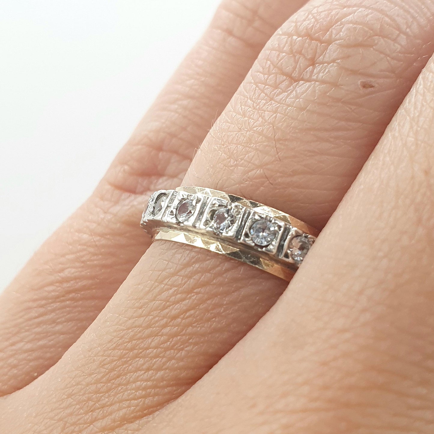 Antique 9ct Gold & Solid Silver White Spinel Eternity Ring Square Pattern Love Gift Vintage Womens Jewelry Jewellery UK K or US 5.25