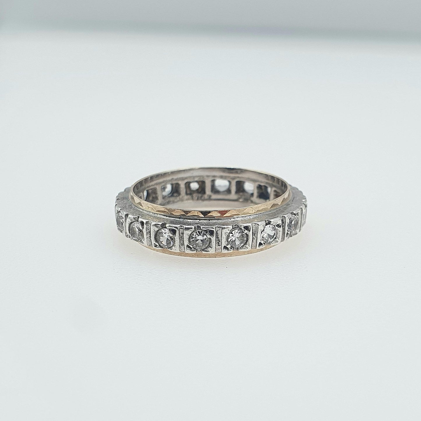 Antique 9ct Gold & Solid Silver White Spinel Eternity Ring Square Pattern Love Gift Vintage Womens Jewelry Jewellery UK K or US 5.25