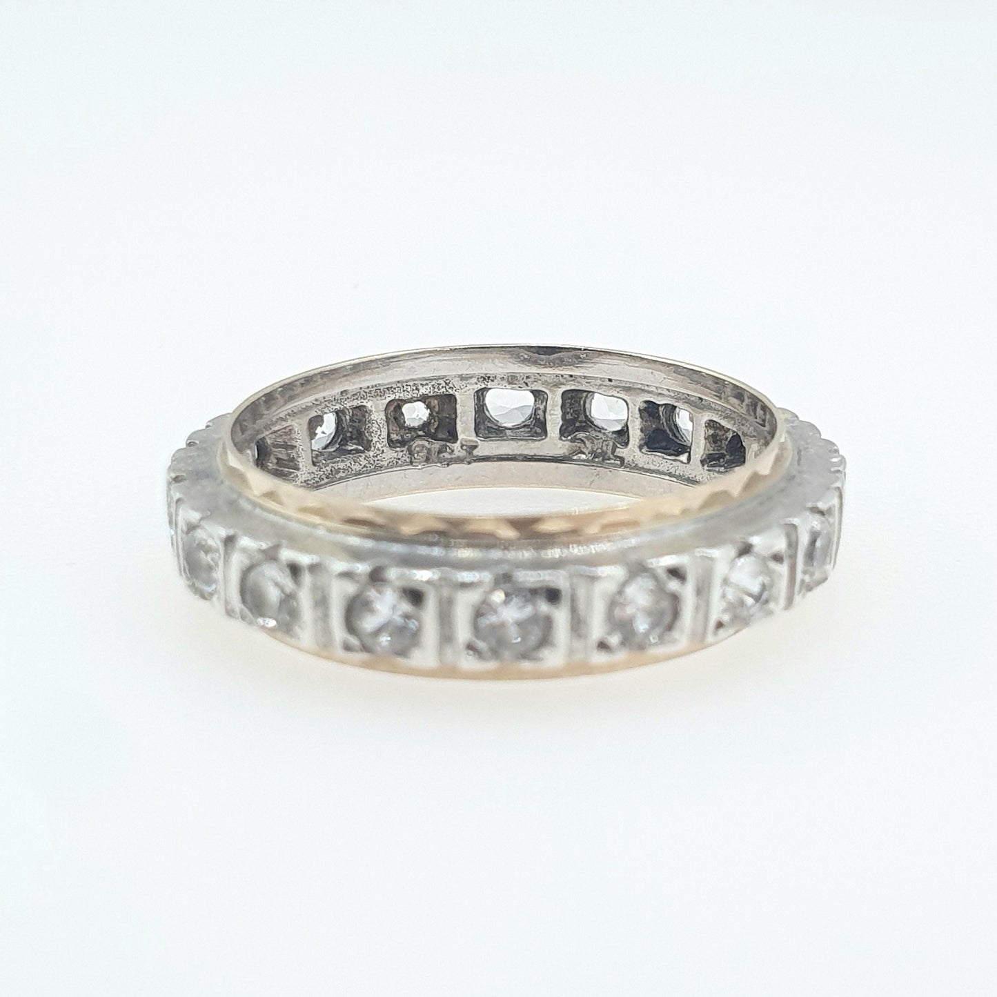 Antique 9ct Gold & Solid Silver White Spinel Eternity Ring Square Pattern Love Gift Vintage Womens Jewelry Jewellery UK K or US 5.25