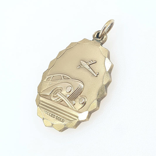 Vintage Rolled Gold St Christopher Pendant Double Sided Car and Plane Gold Filled Georg Jensen Style Saint Men Women Jewellery Jewelry