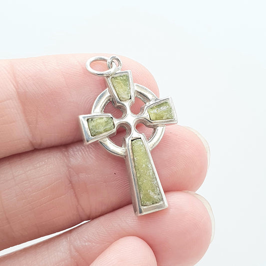 Antique Solid Silver Connemara Marble Celtic Cross Pendant Crucifix Irish Gemstone Necklace Jewelry Jewellery Womens Mens