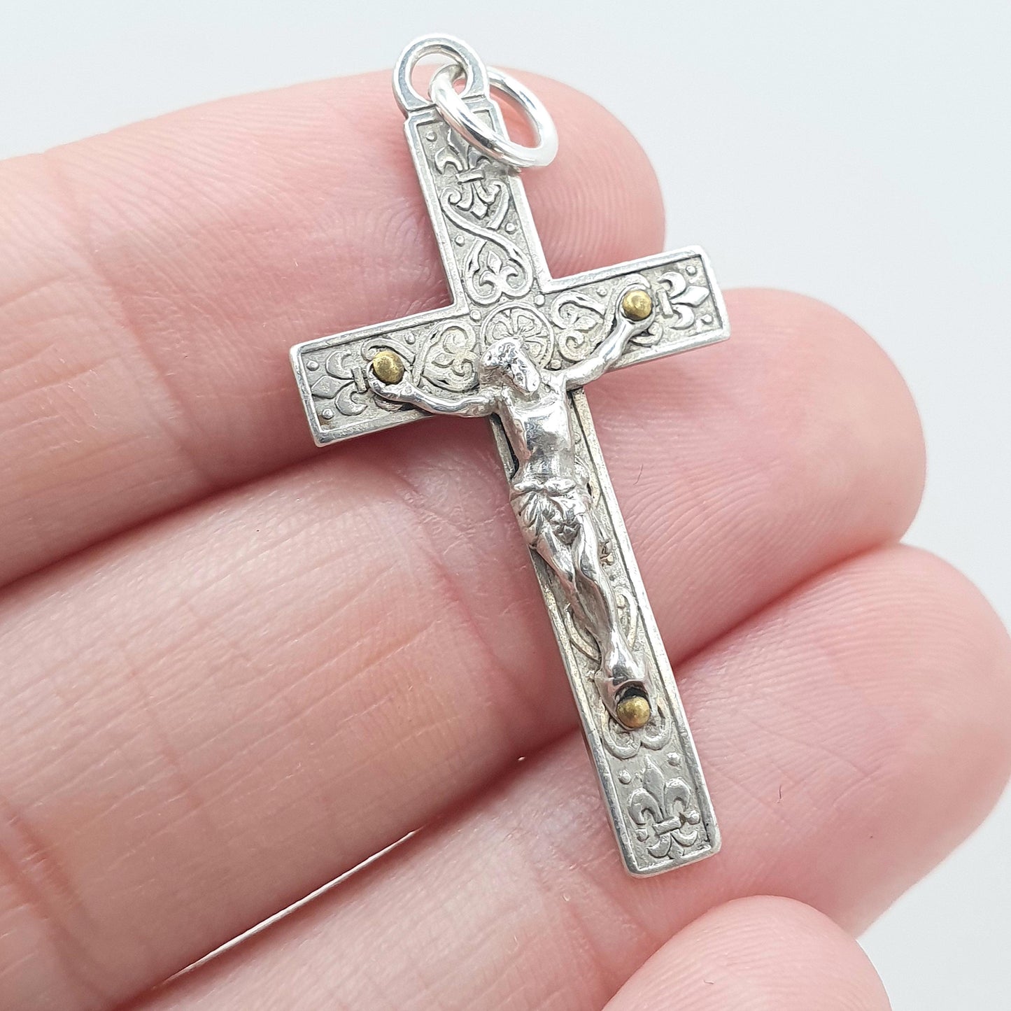 Antique Solid Silver Jesus on The Cross Pendant Crucifix Necklace Fleur De Lys Lis Pattern Vintage Mens Womens Jewelry Jewellery