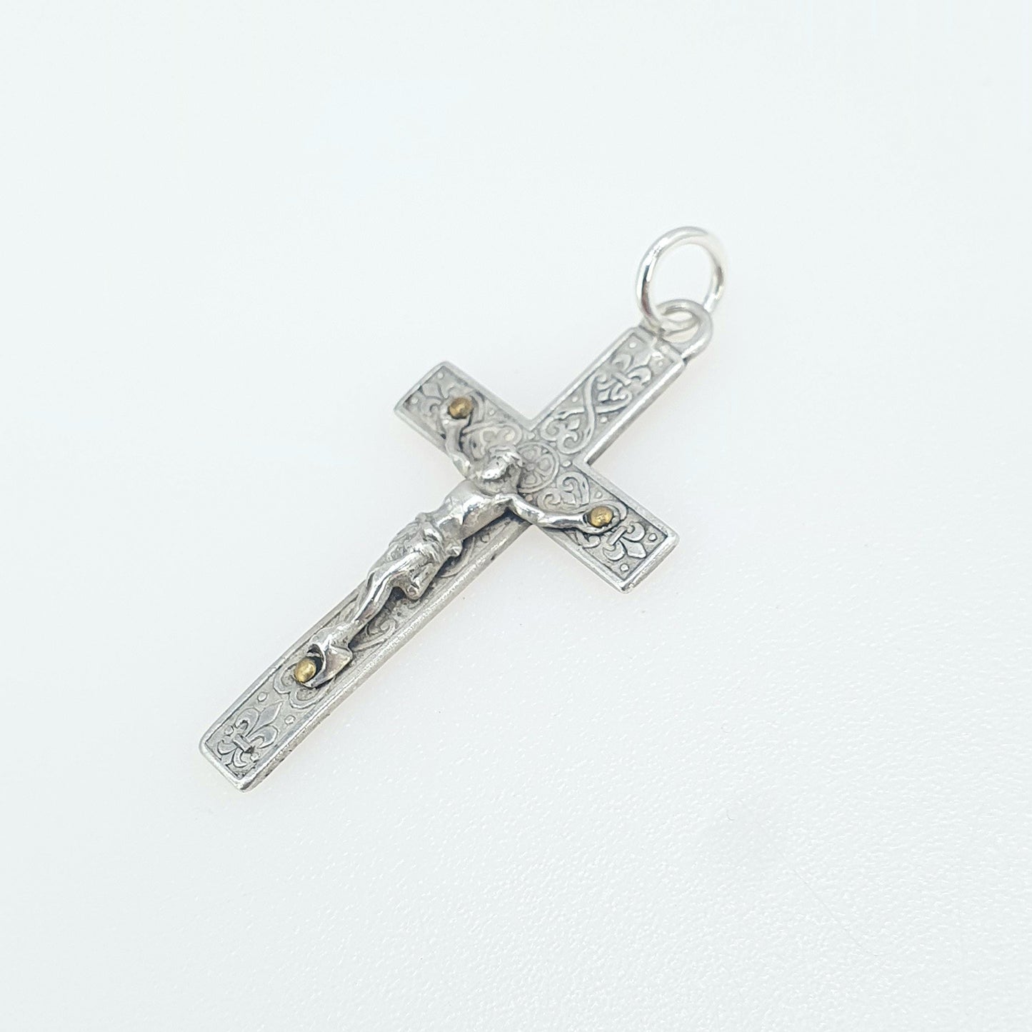 Antique Solid Silver Jesus on The Cross Pendant Crucifix Necklace Fleur De Lys Lis Pattern Vintage Mens Womens Jewelry Jewellery