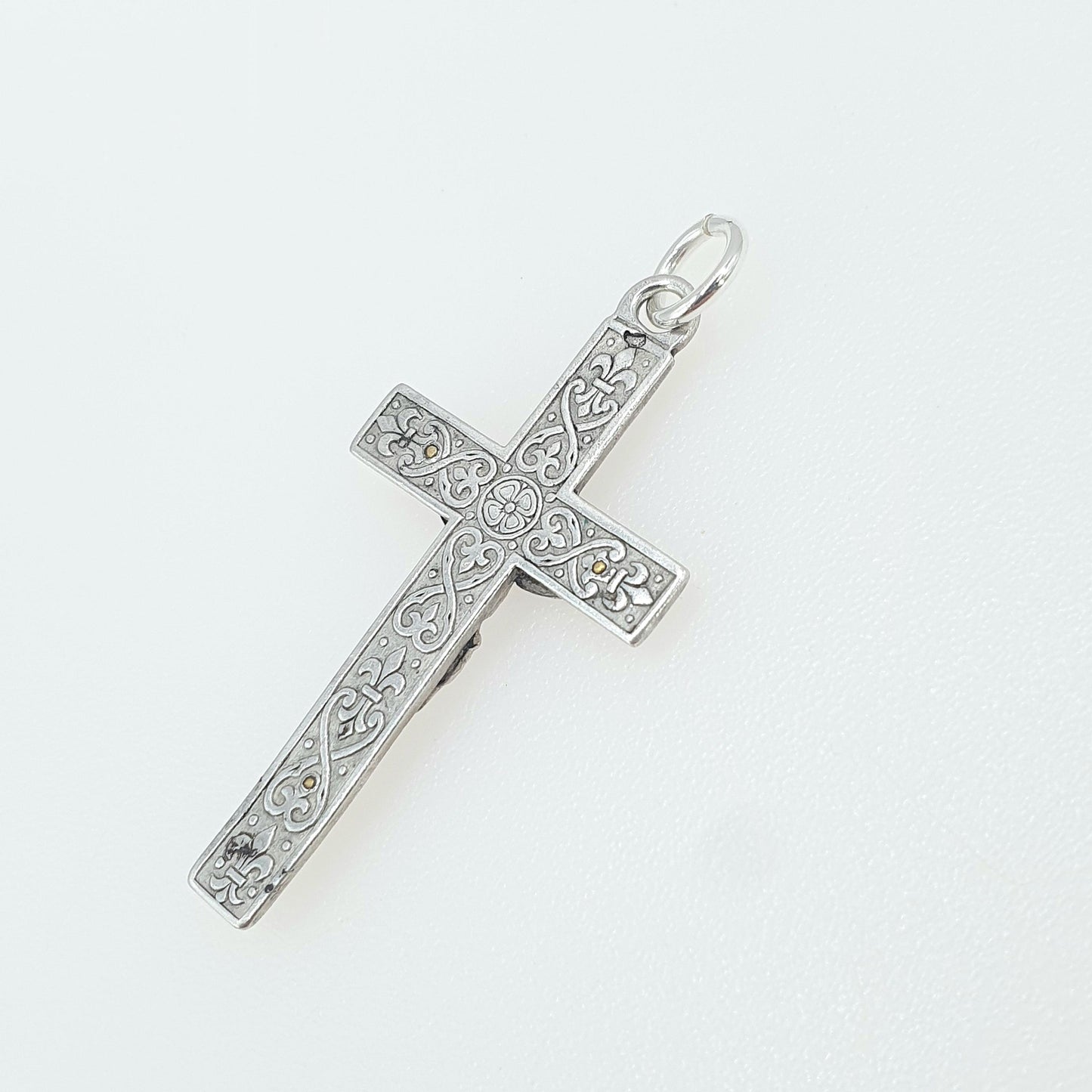 Antique Solid Silver Jesus on The Cross Pendant Crucifix Necklace Fleur De Lys Lis Pattern Vintage Mens Womens Jewelry Jewellery