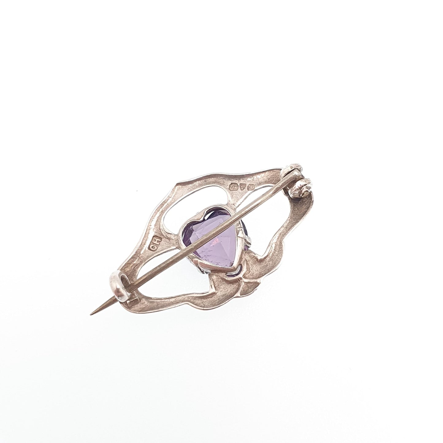 Antique Charles Horner Sterling Silver Heart Amethyst Paste Brooch 1909 Hallmark Art Nouveau Genuine CH Vintage Jewellery Jewelry