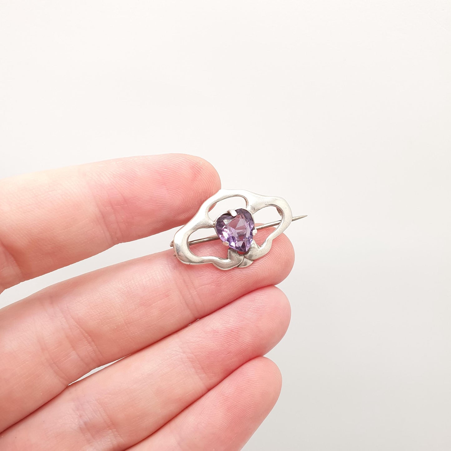 Antique Charles Horner Sterling Silver Heart Amethyst Paste Brooch 1909 Hallmark Art Nouveau Genuine CH Vintage Jewellery Jewelry