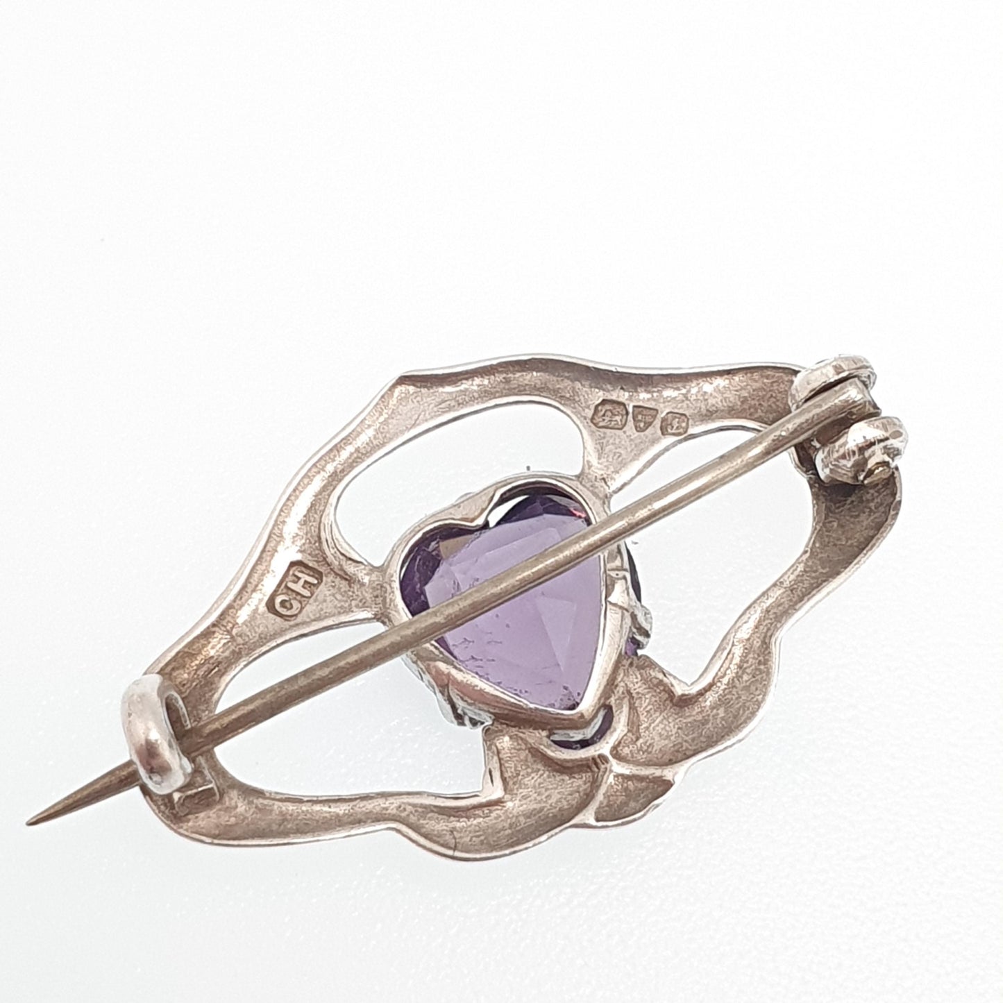 Antique Charles Horner Sterling Silver Heart Amethyst Paste Brooch 1909 Hallmark Art Nouveau Genuine CH Vintage Jewellery Jewelry