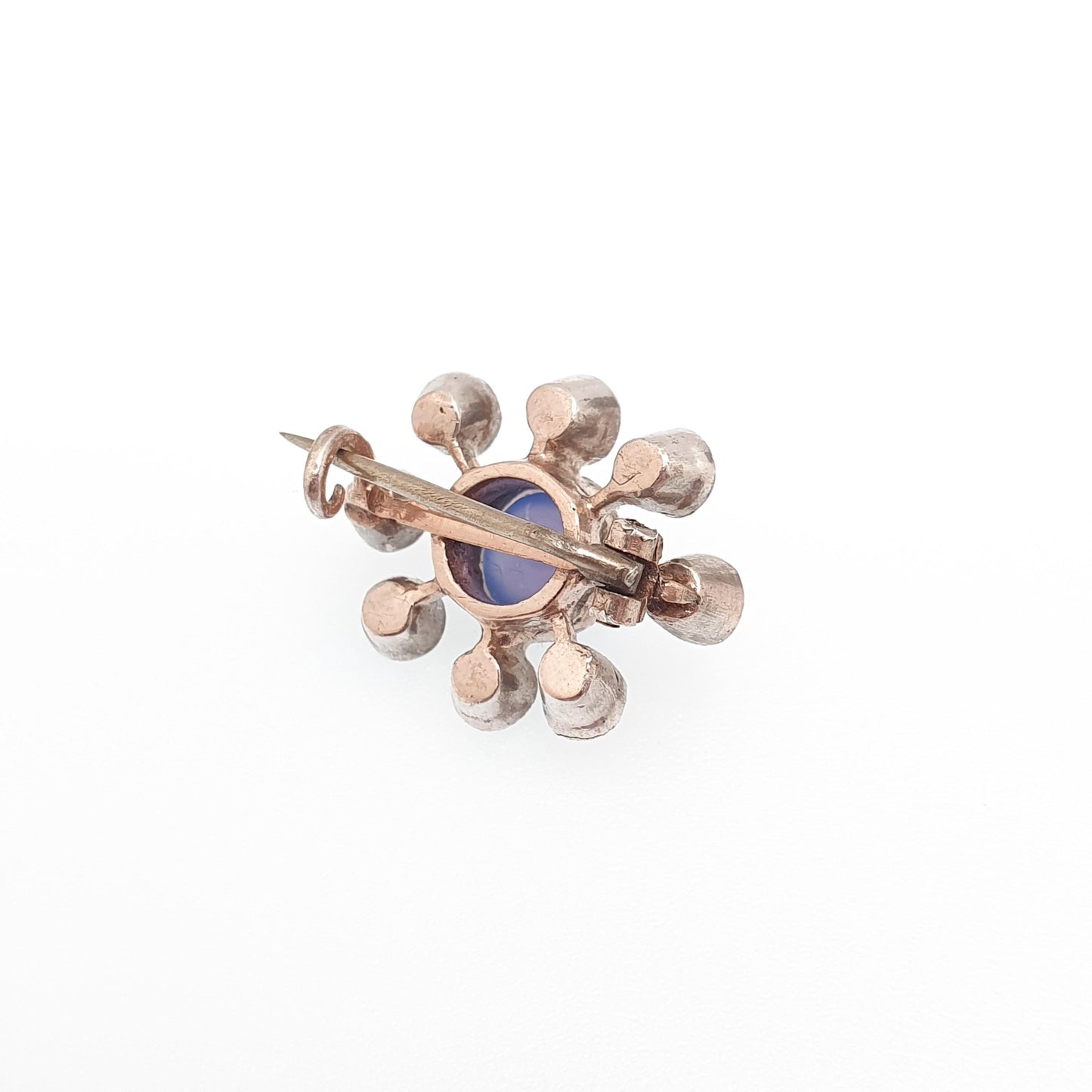 Antique Victorian Solid Silver Diamond Paste Starburst Brooch Sputnik Style Blue Chalcedony Centre Rose Gold Rear Star Celestial Vintage