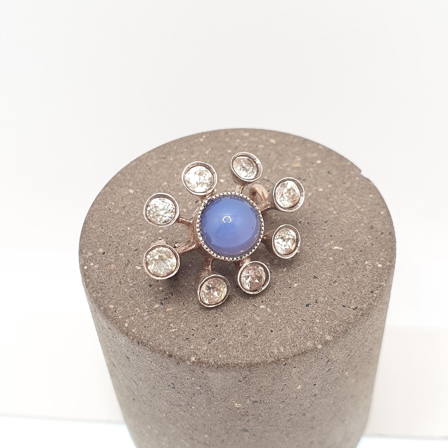 Antique Victorian Solid Silver Diamond Paste Starburst Brooch Sputnik Style Blue Chalcedony Centre Rose Gold Rear Star Celestial Vintage