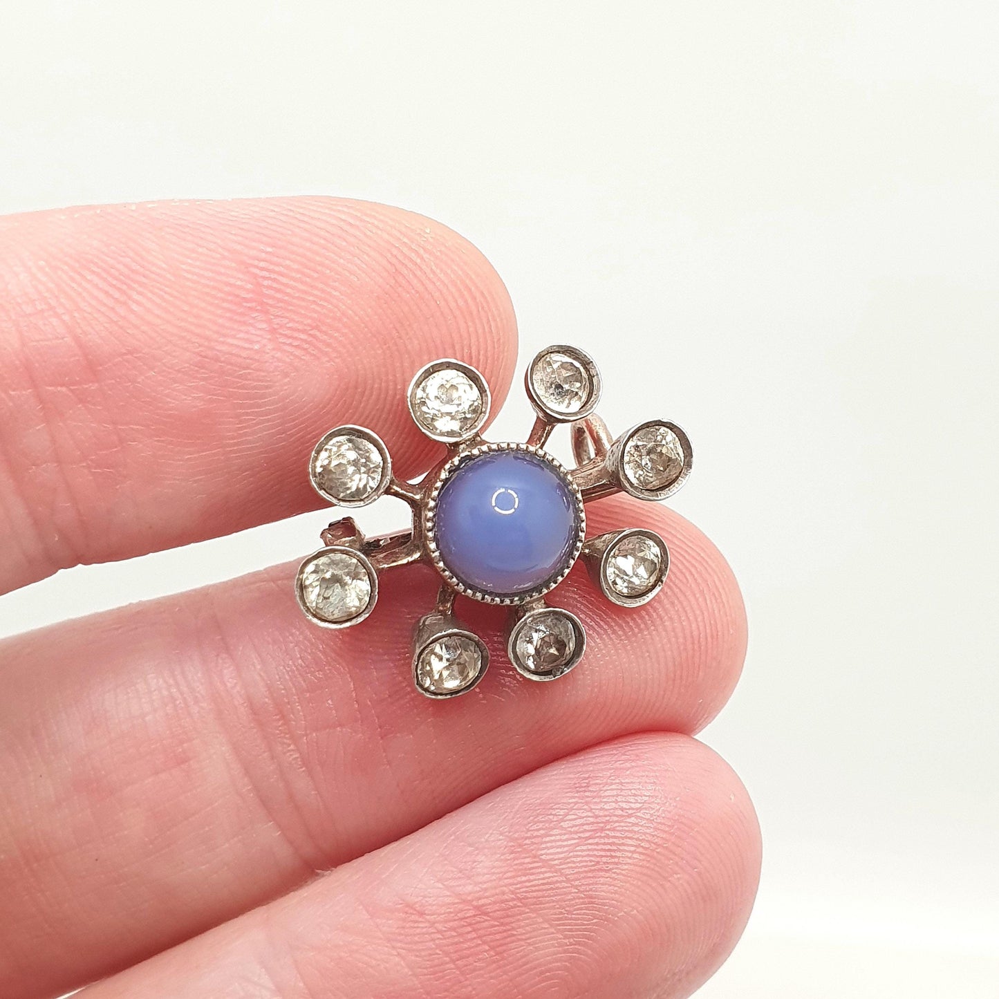 Antique Victorian Solid Silver Diamond Paste Starburst Brooch Sputnik Style Blue Chalcedony Centre Rose Gold Rear Star Celestial Vintage