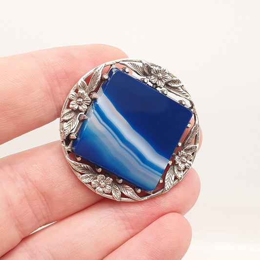 Antique Bernard Instone Sterling Silver Brooch Blue Agate Banded Stiped Very Rare Art Nouveau Genuine Real Square Vintage Jewelry Jewellery