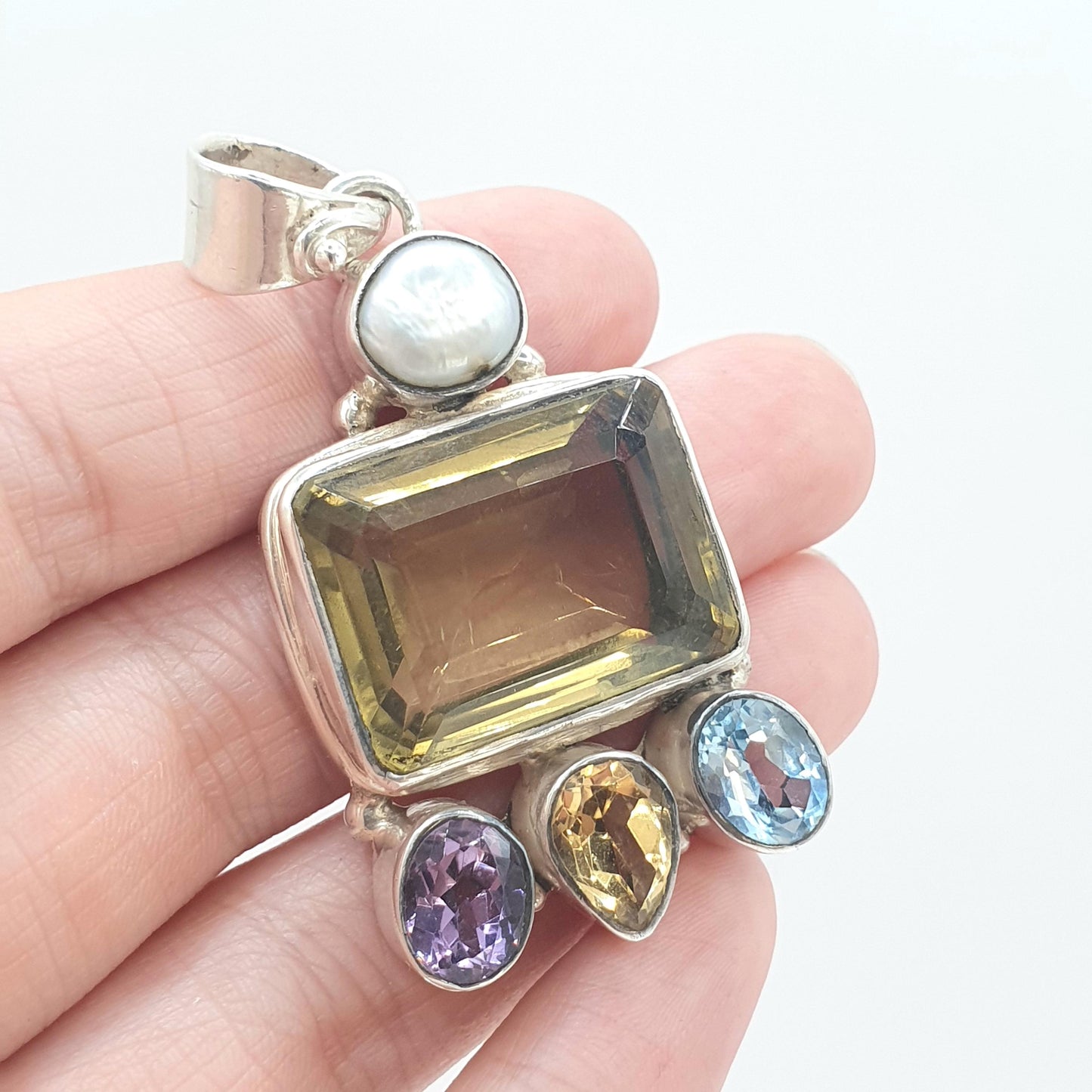 Vintage Sterling Silver Large Citrine Pendant Amethyst Swiss Topaz and Pearl Chunky Huge Big Necklace Womens Jewelry Jewellery