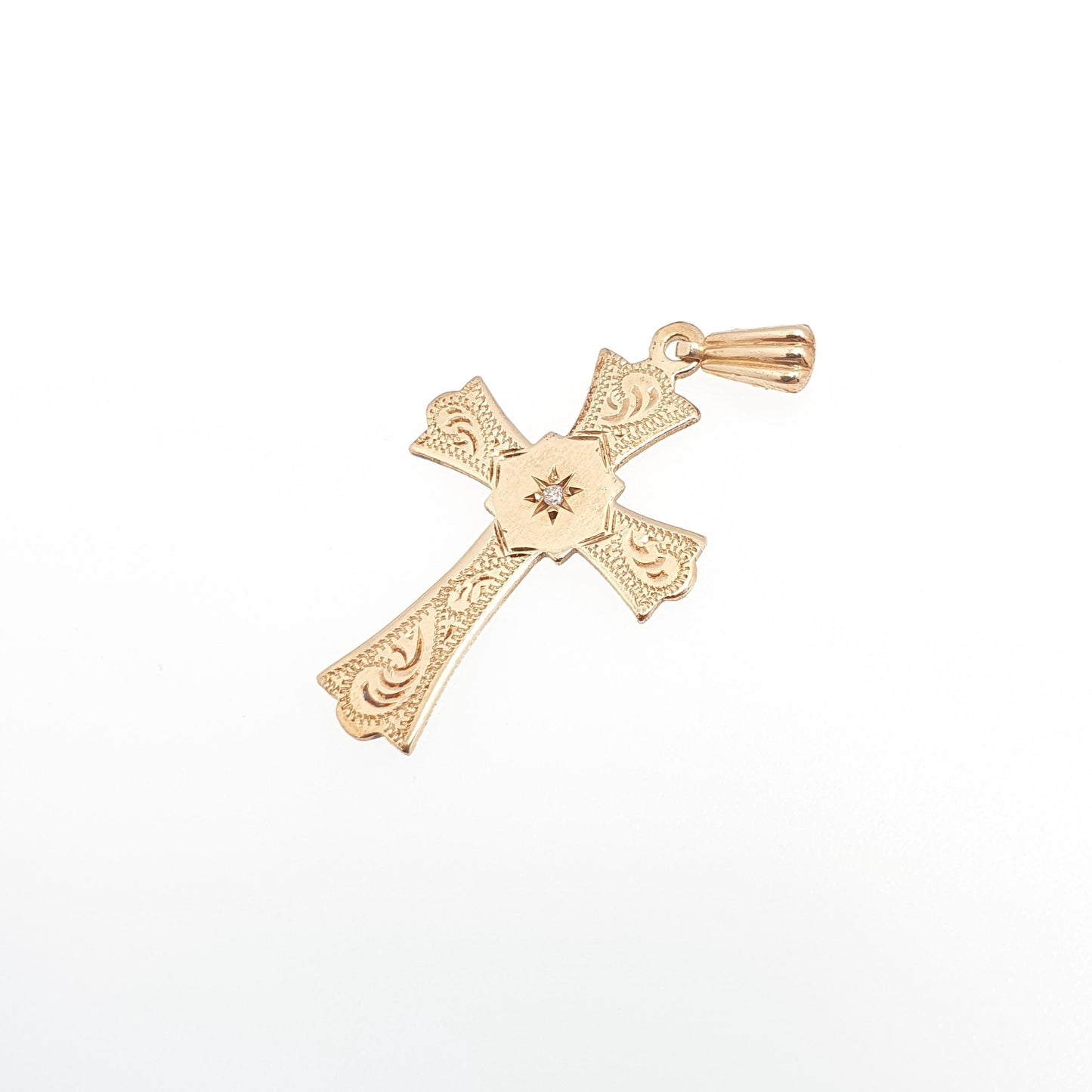 Vintage 9ct Gold Diamond Cross Crucifix Pendant Engraved Solid 9k 9kt 375 Necklace Yellow Jewellery Jewelry