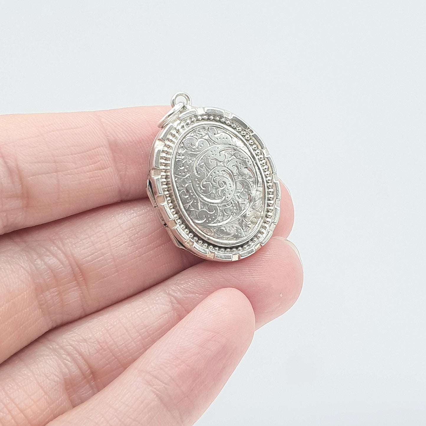 Antique Victorian Sterling Silver Oval Locket 1882 Hallmark Hand Engraved Front Stepped Border Necklace Vintage Womens Jewelry Jewellery