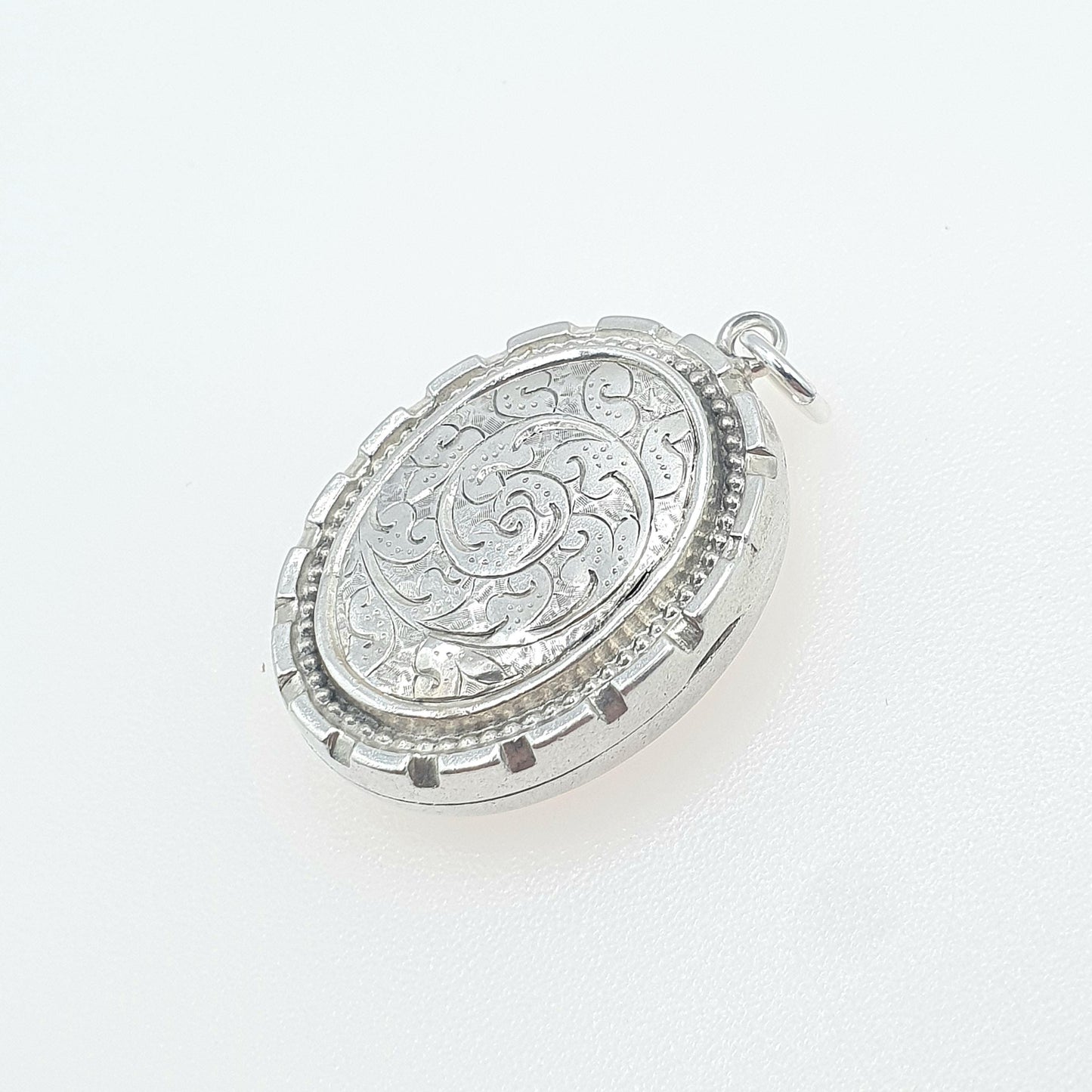 Antique Victorian Sterling Silver Oval Locket 1882 Hallmark Hand Engraved Front Stepped Border Necklace Vintage Womens Jewelry Jewellery