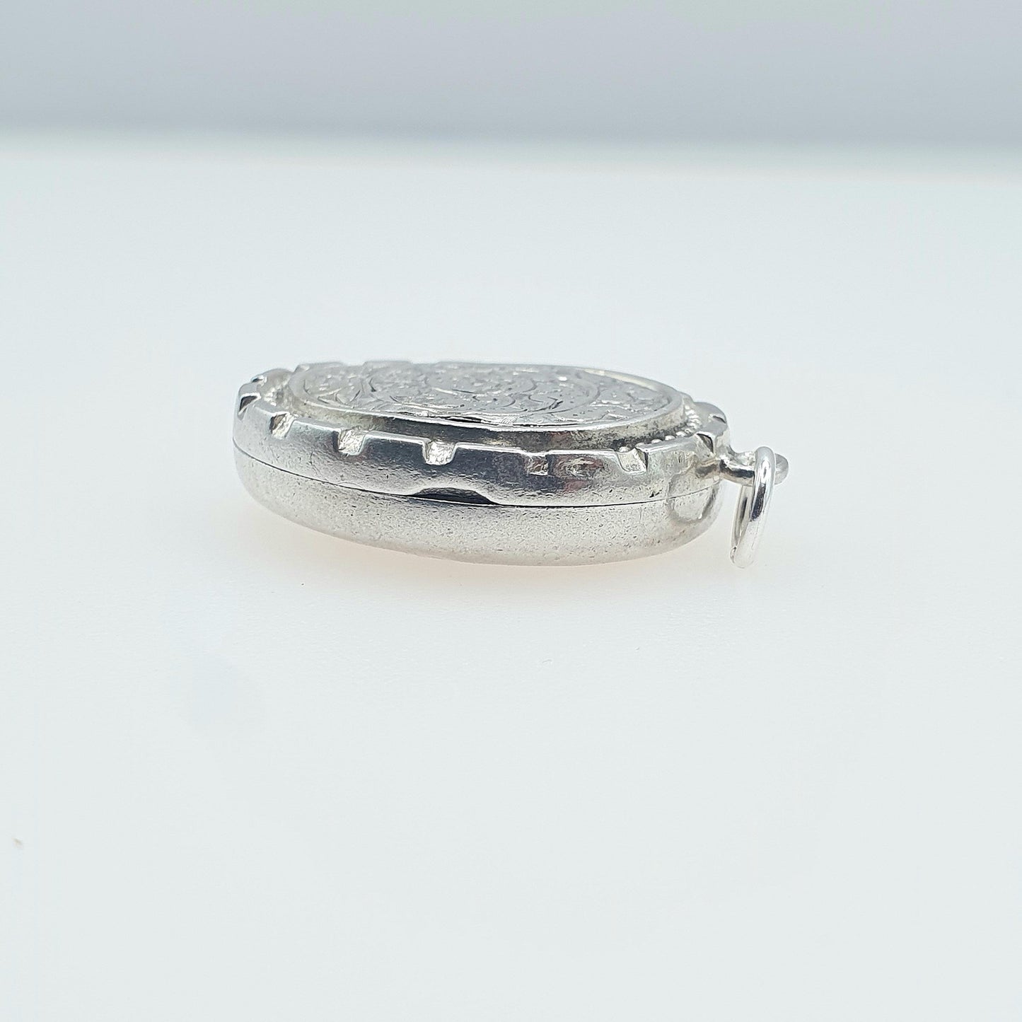 Antique Victorian Sterling Silver Oval Locket 1882 Hallmark Hand Engraved Front Stepped Border Necklace Vintage Womens Jewelry Jewellery