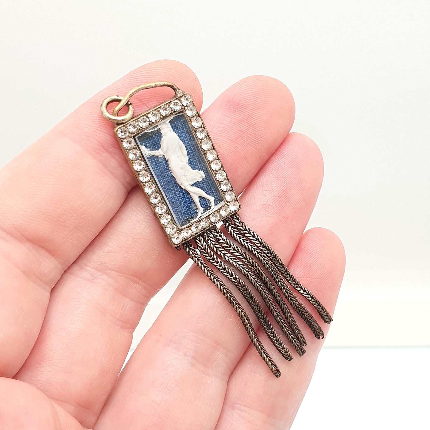 Antique Victorian Tassel Cameo Pendant Diamond Paste Necklace Foxtail Links Silver Plated Base Metal Womens Jewelry Jewellery