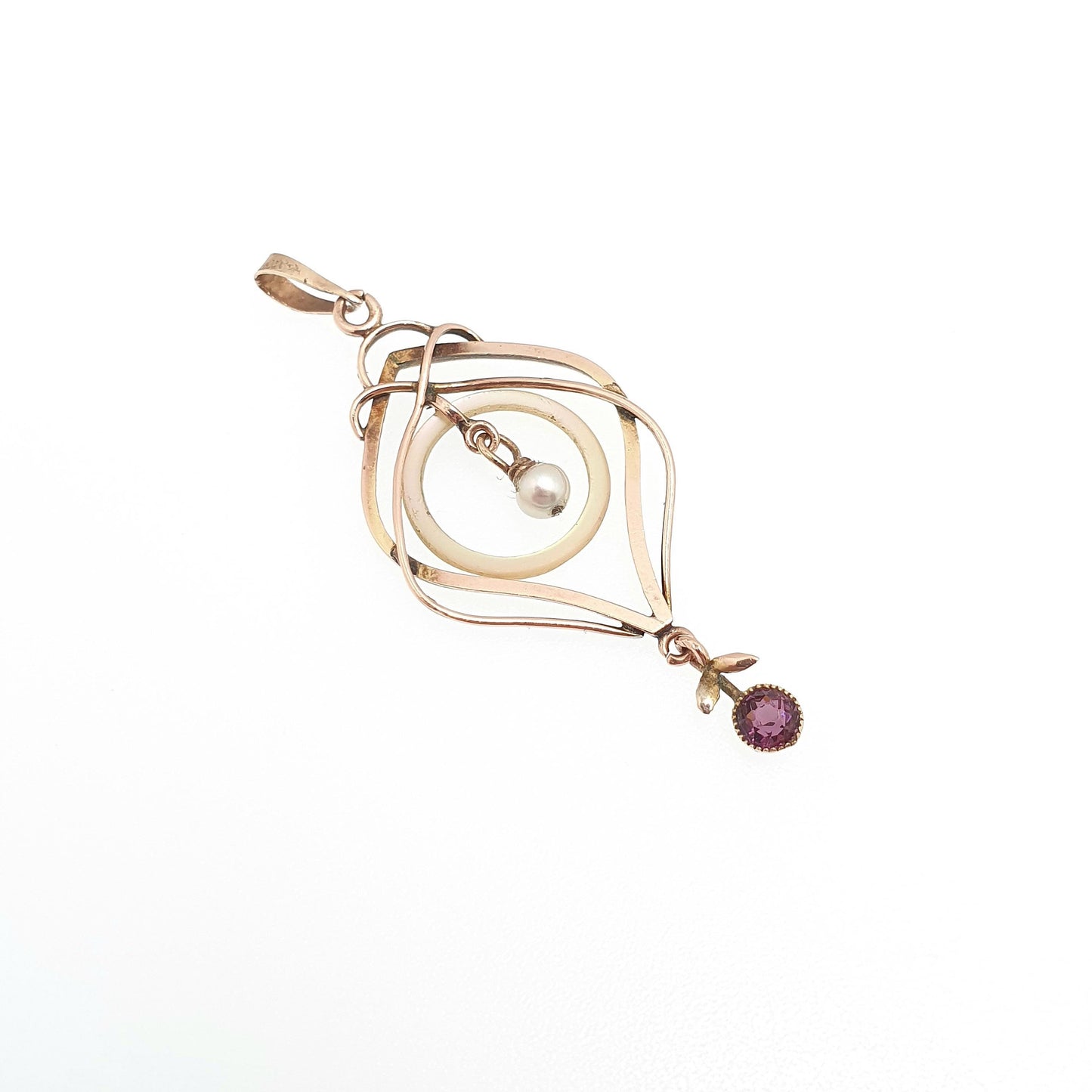 Antique 9ct Gold Amethyst Paste Pendant Mother of Pearl Necklace Art Nouveau Solid 9k 9kt Openwork Vintage Jewellery Jewelry