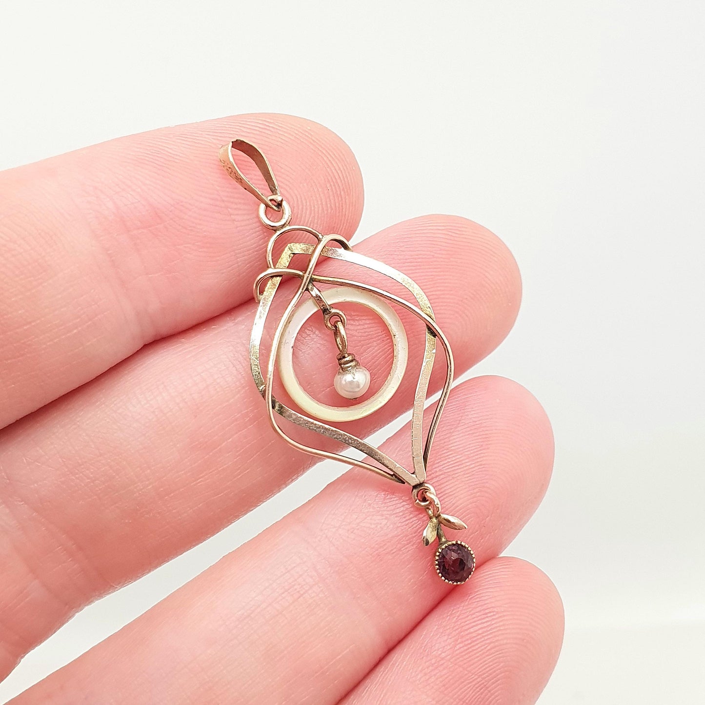 Antique 9ct Gold Amethyst Paste Pendant Mother of Pearl Necklace Art Nouveau Solid 9k 9kt Openwork Vintage Jewellery Jewelry