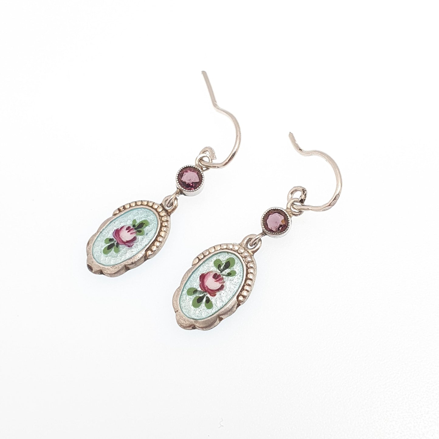 Antique Solid Silver Enamel Hook Earrings Amethyst Paste Art Nouveau Flower Charles Horner Style Jewelry Vintage Jewellery