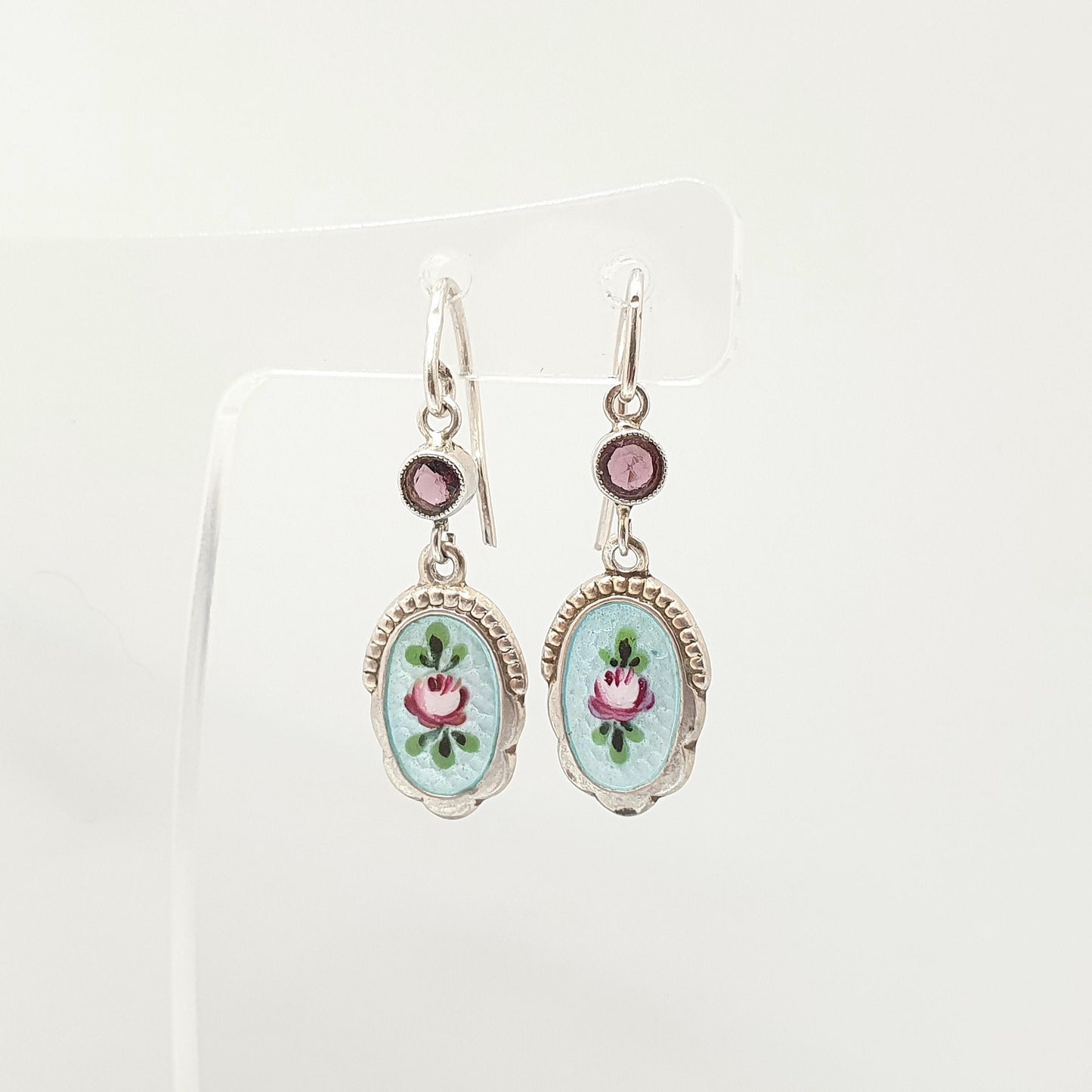 Antique Solid Silver Enamel Hook Earrings Amethyst Paste Art Nouveau Flower Charles Horner Style Jewelry Vintage Jewellery
