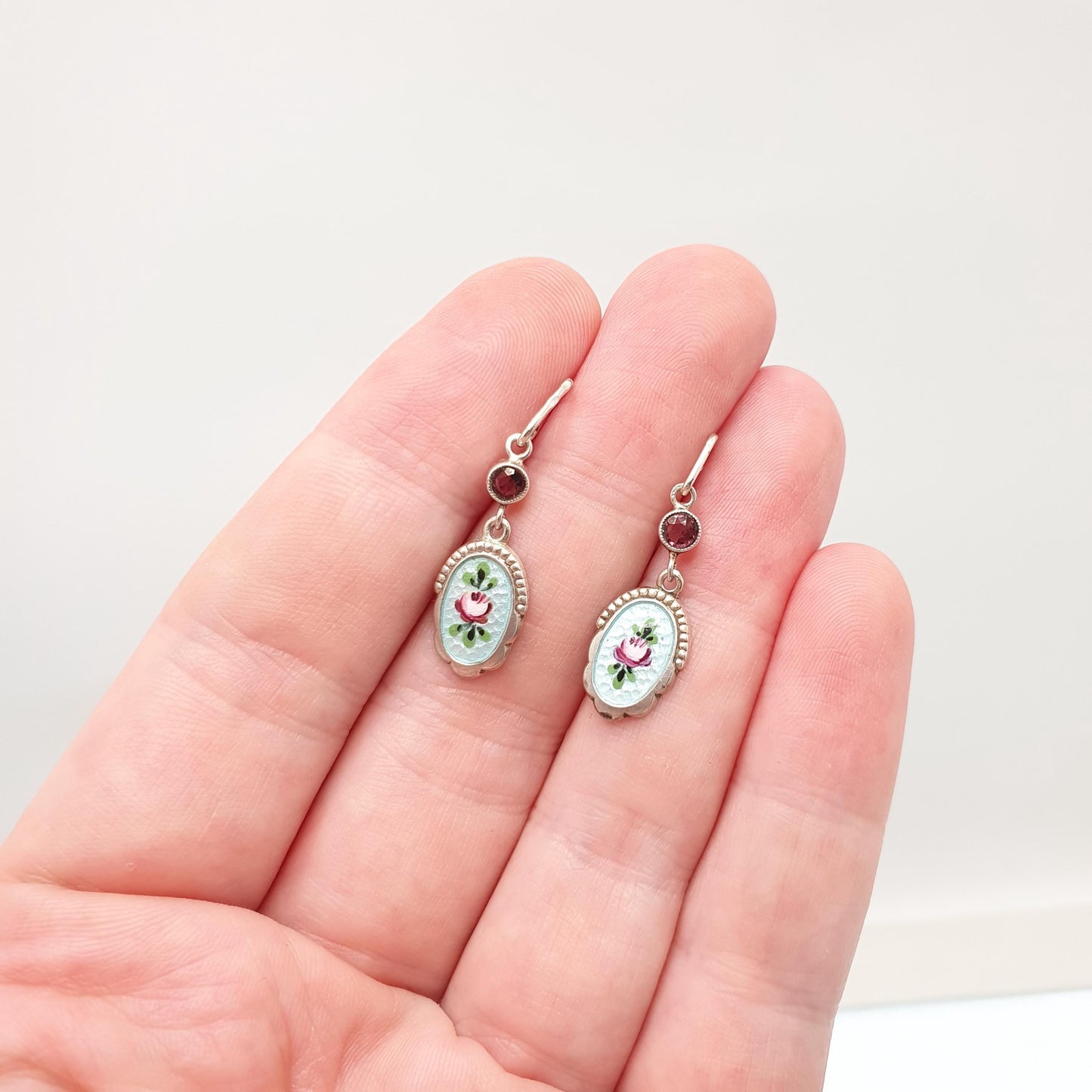 Antique Solid Silver Enamel Hook Earrings Amethyst Paste Art Nouveau Flower Charles Horner Style Jewelry Vintage Jewellery