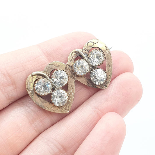 Antique Victorian Rolled Gold Front Diamond Paste Clover Heart Brooch Sweetheart Rose Gold Filled Vintage Womens Ladies Jewellery Jewelry