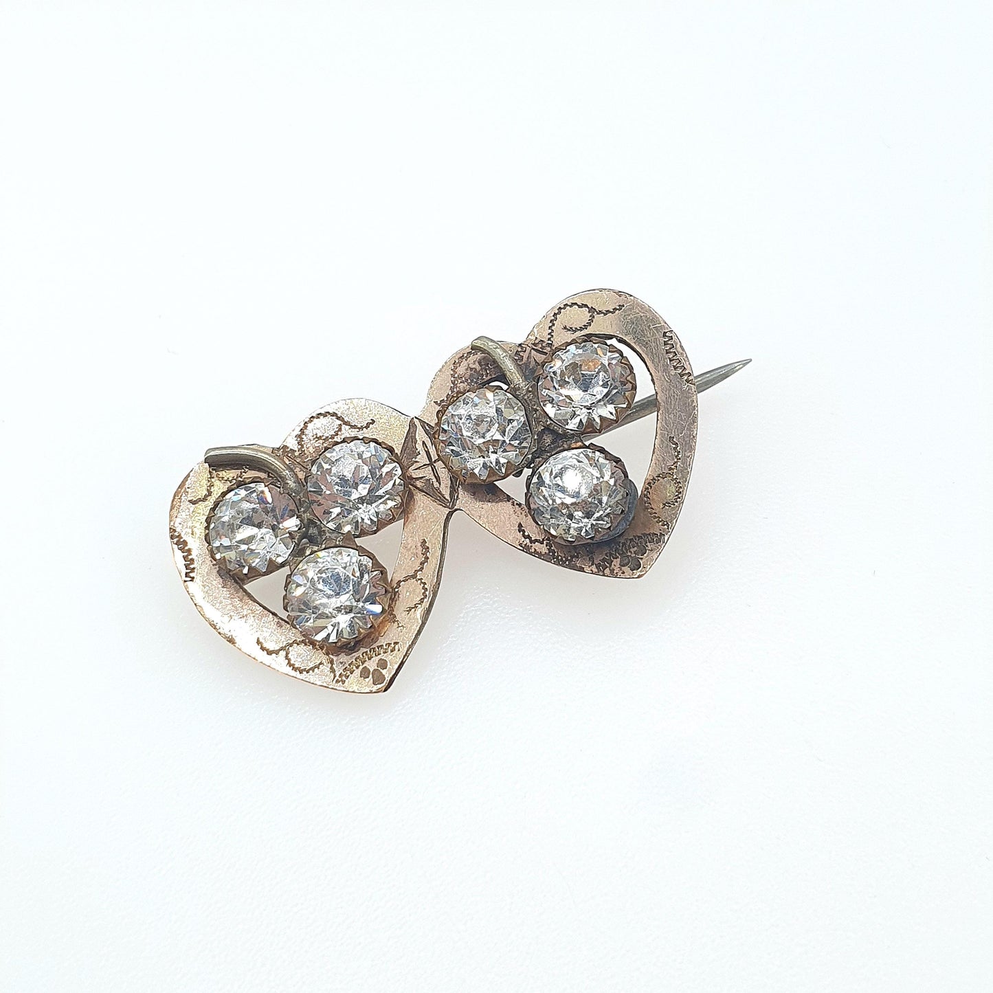 Antique Victorian Rolled Gold Front Diamond Paste Clover Heart Brooch Sweetheart Rose Gold Filled Vintage Womens Ladies Jewellery Jewelry