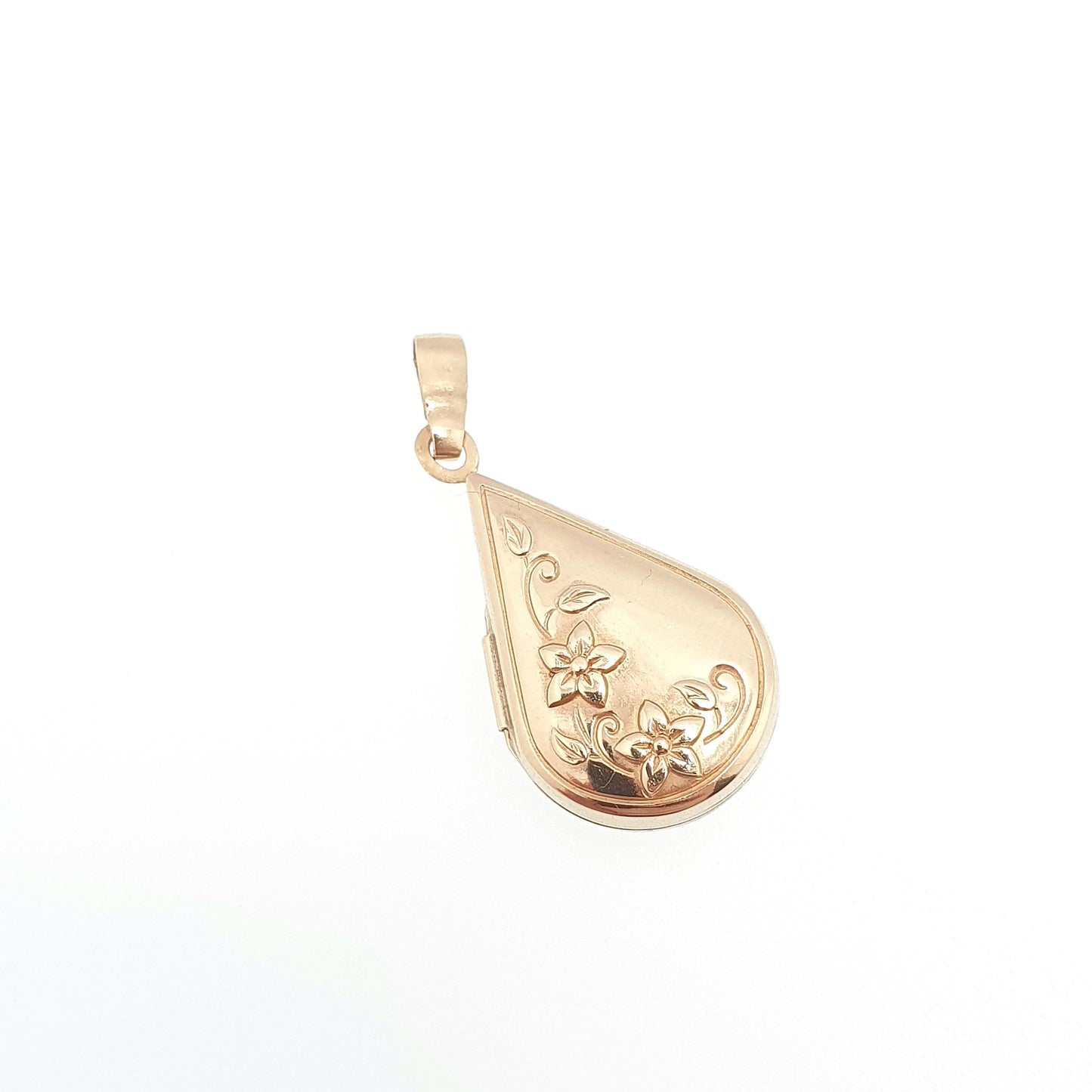 Vintage Solid 9ct 9k Gold Locket Teardrop Pear All 375 9 Carat Gold Flower Embossed Necklace Photo Picture Pendant