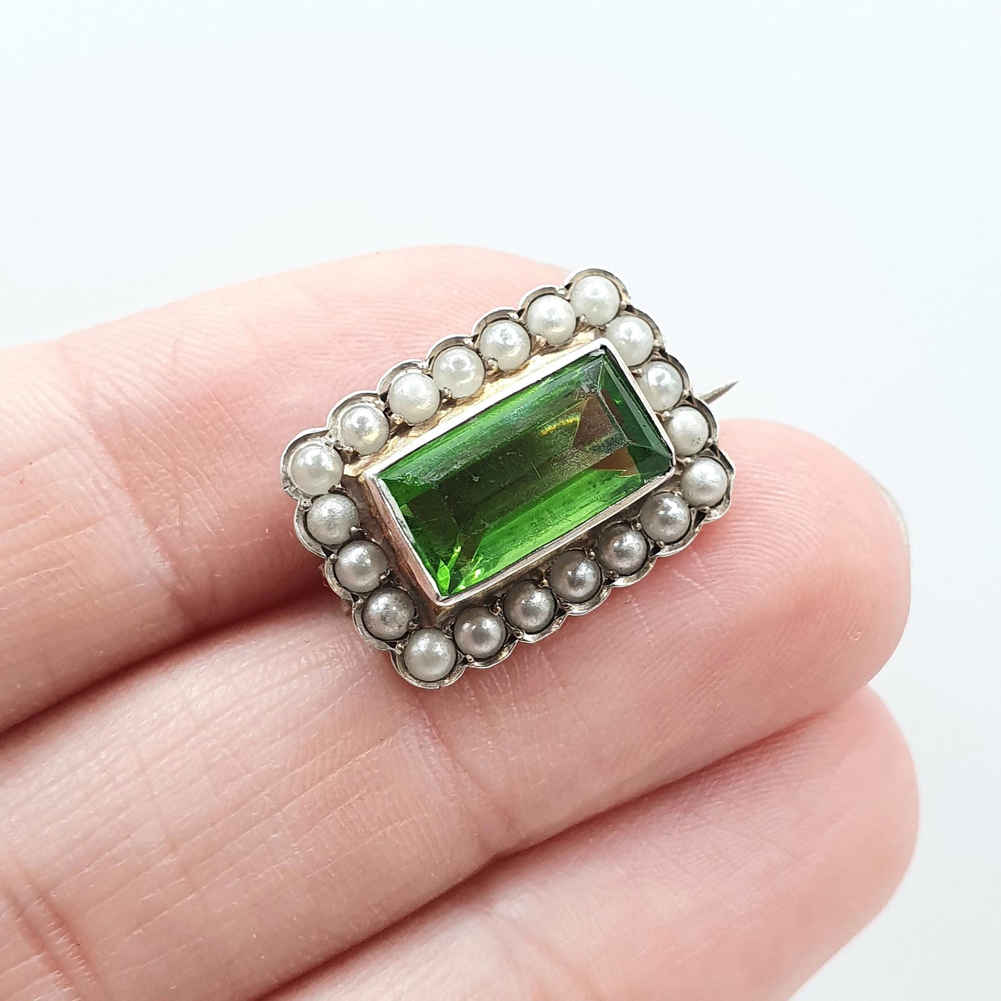 Antique Victorian Solid Silver Peridot Paste Brooch Seed Pearl Rectangular Cut Womens Green Glass Jewelry Jewellery Vintage