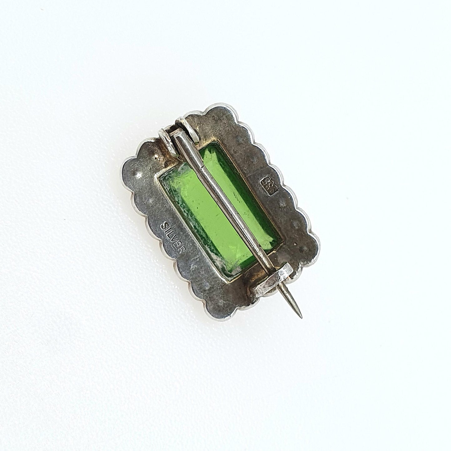 Antique Victorian Solid Silver Peridot Paste Brooch Seed Pearl Rectangular Cut Womens Green Glass Jewelry Jewellery Vintage