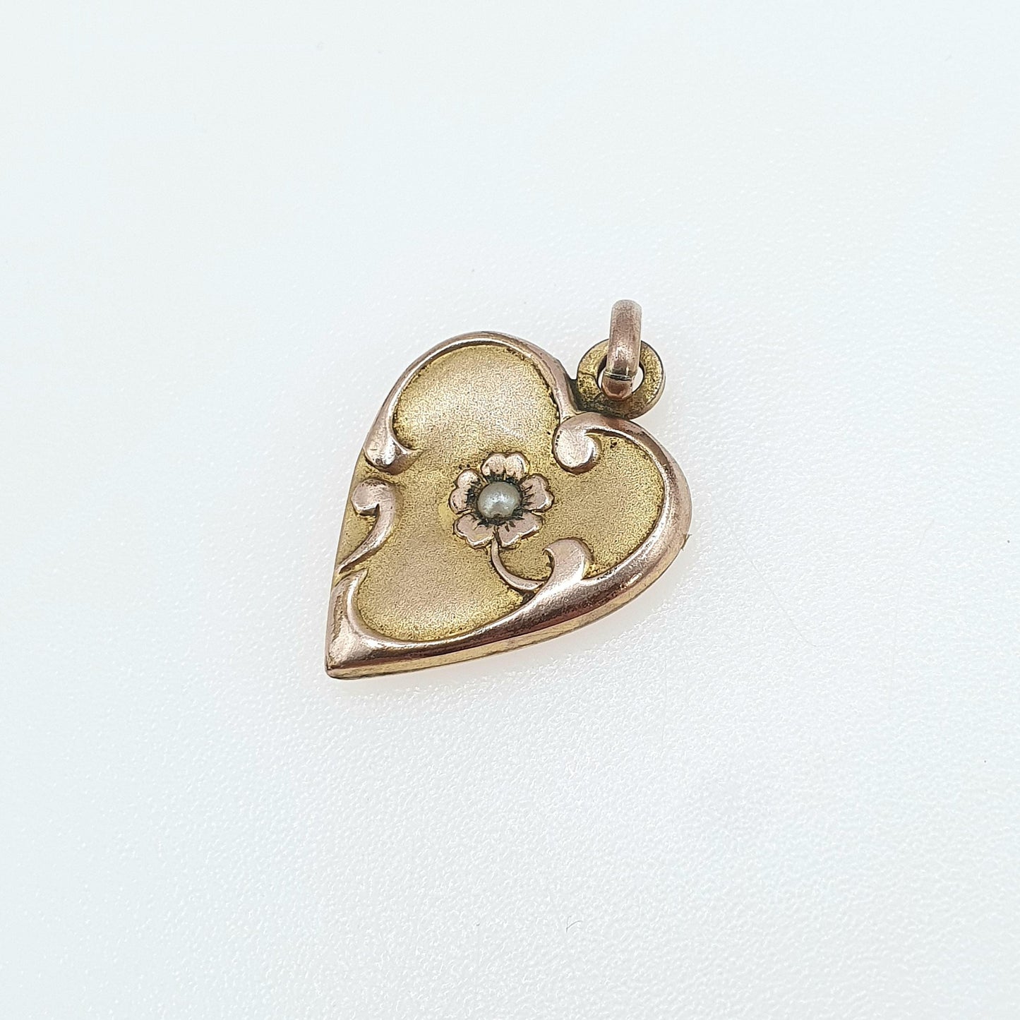 Antique Rose Rolled Gold Heart Pendant Faux Seed Pearl Centre Art Nouveau Gold Filled Vintage Womens Mens Jewelry Jewellery