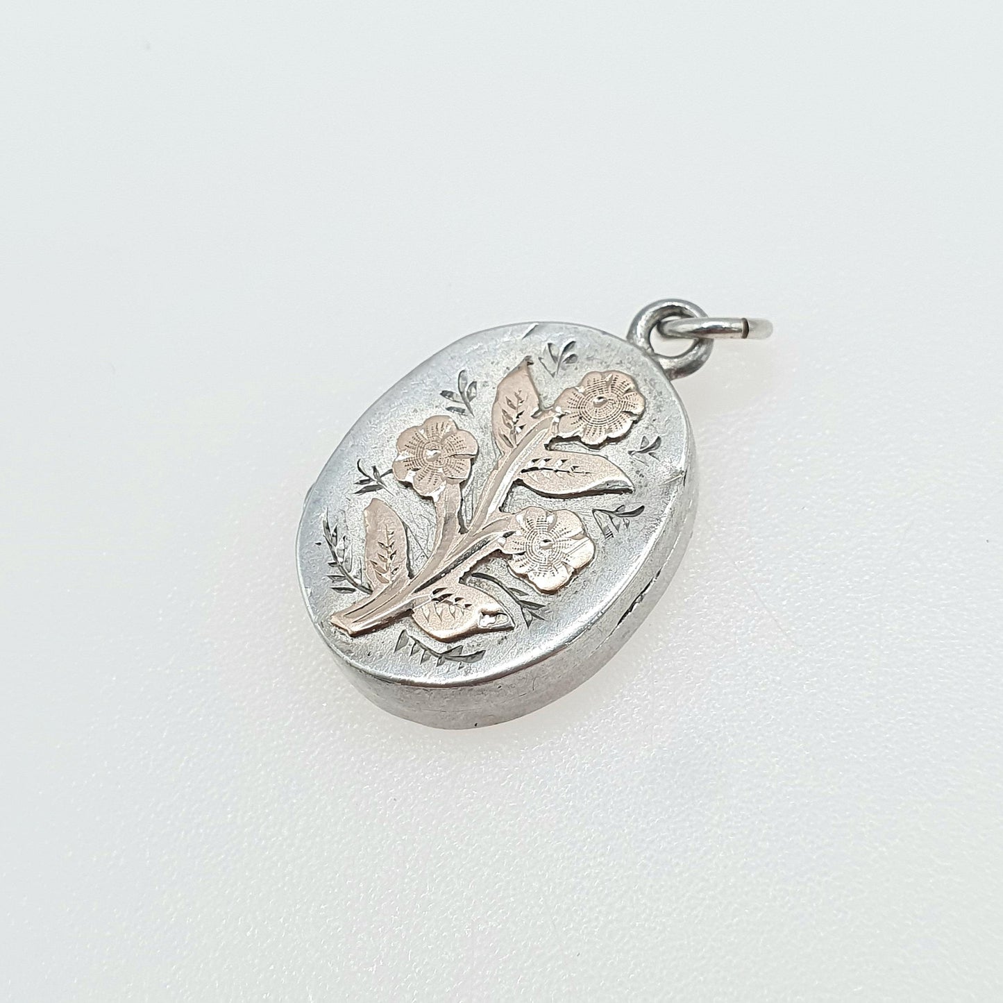 Antique Victorian Sterling Silver Locket 1899 Hallmark Rose Gold Flowers Oval Pendant Necklace Photo Vintage Jewelry Jewellery