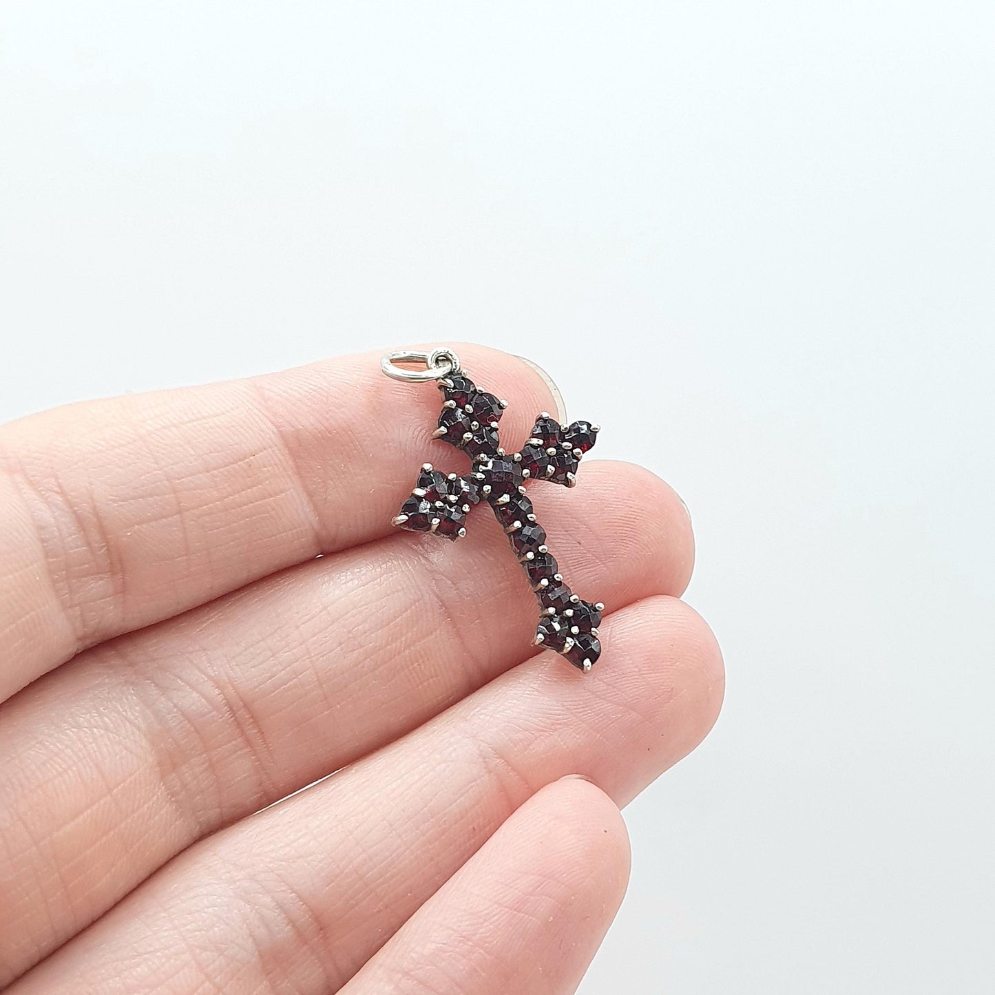 Antique Solid Silver Bohemian Garnet Crucifix Pendant Cross Necklace Catholic Religious Vintage Womens Mens Jewelry Jewellery