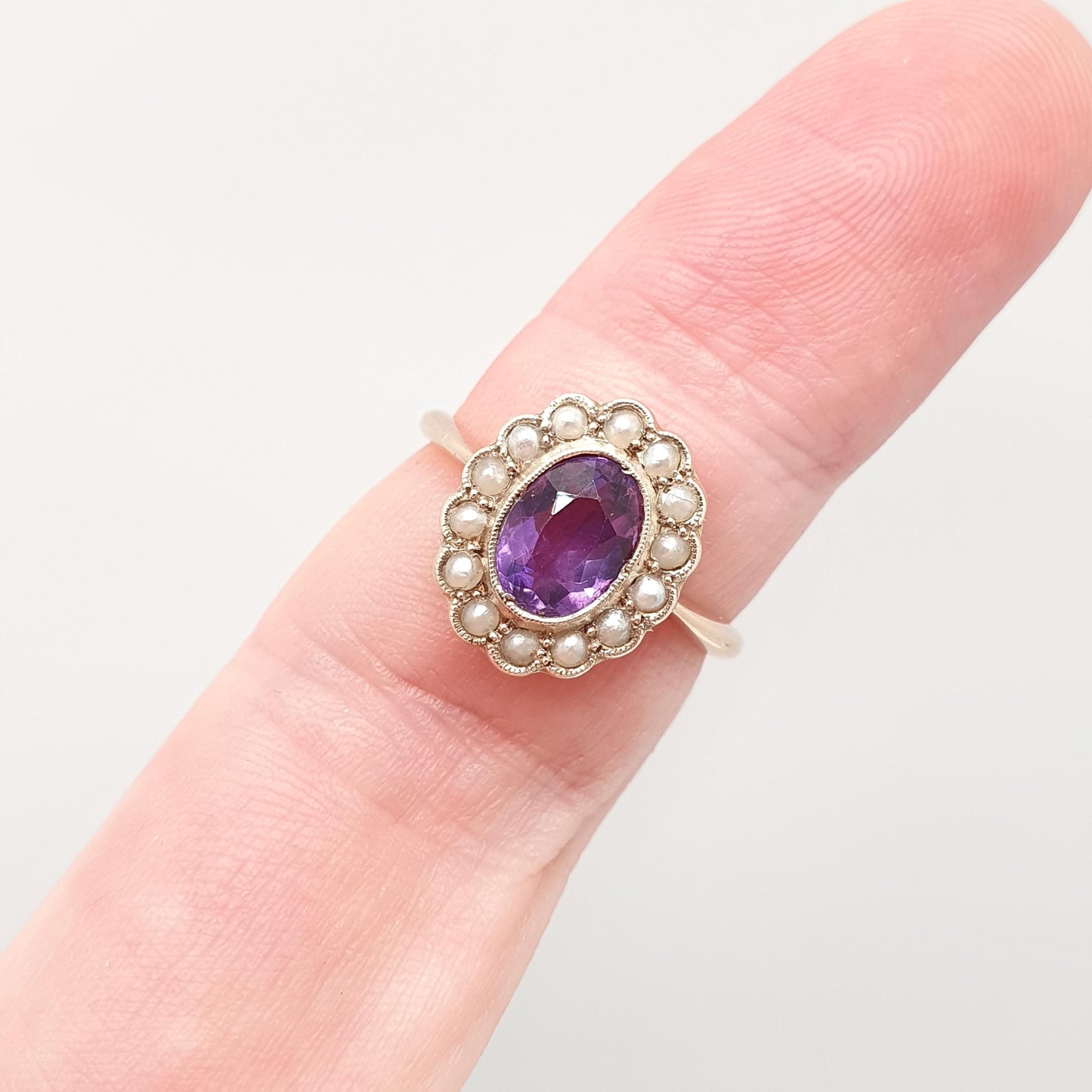 Antique 9ct 9k Gold Amethyst Ring Seed Pearl Halo Cluster Solid Silver 375 Genuine Gemstone Vintage Womens Jewelry Jewellery