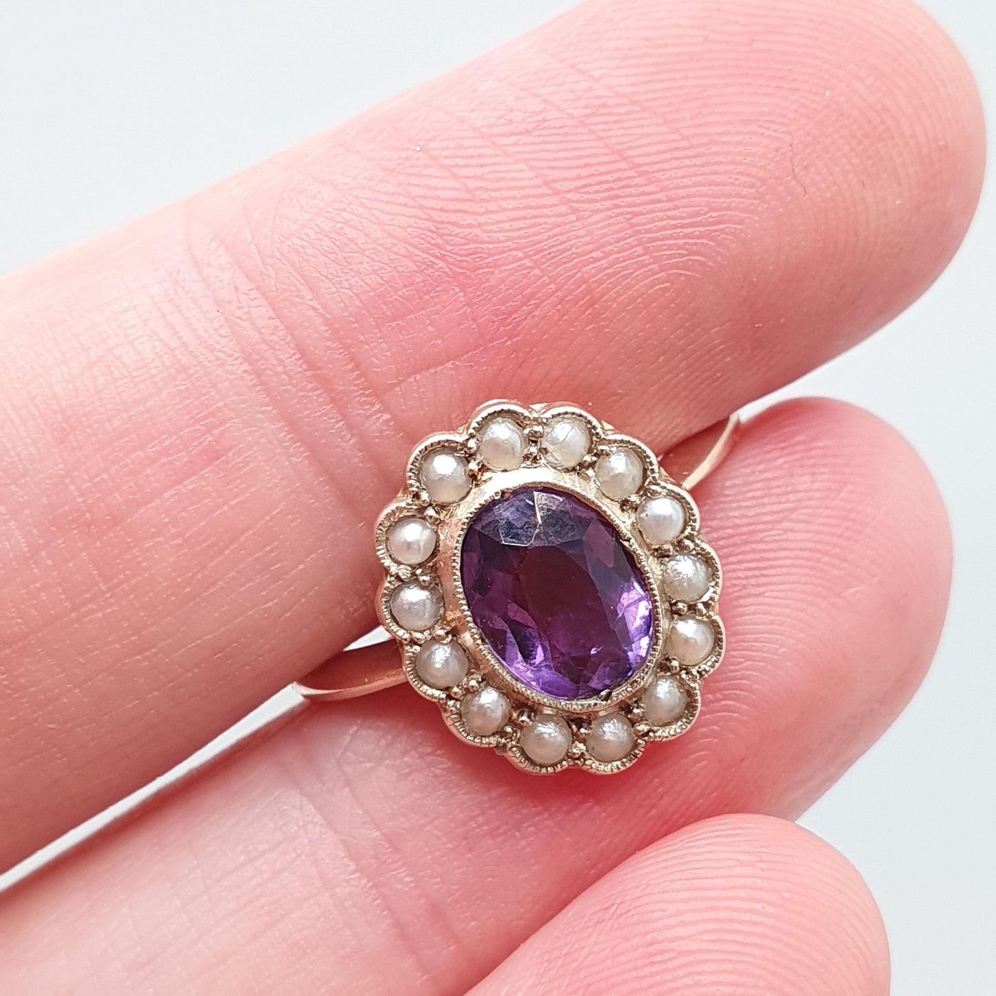 Antique 9ct 9k Gold Amethyst Ring Seed Pearl Halo Cluster Solid Silver 375 Genuine Gemstone Vintage Womens Jewelry Jewellery