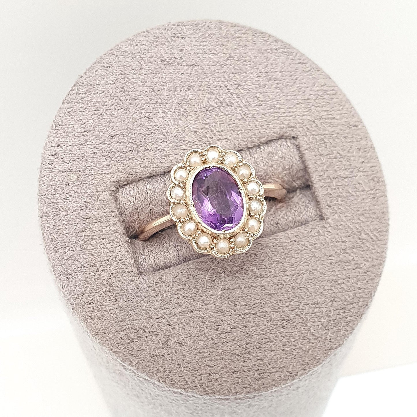 Antique 9ct 9k Gold Amethyst Ring Seed Pearl Halo Cluster Solid Silver 375 Genuine Gemstone Vintage Womens Jewelry Jewellery
