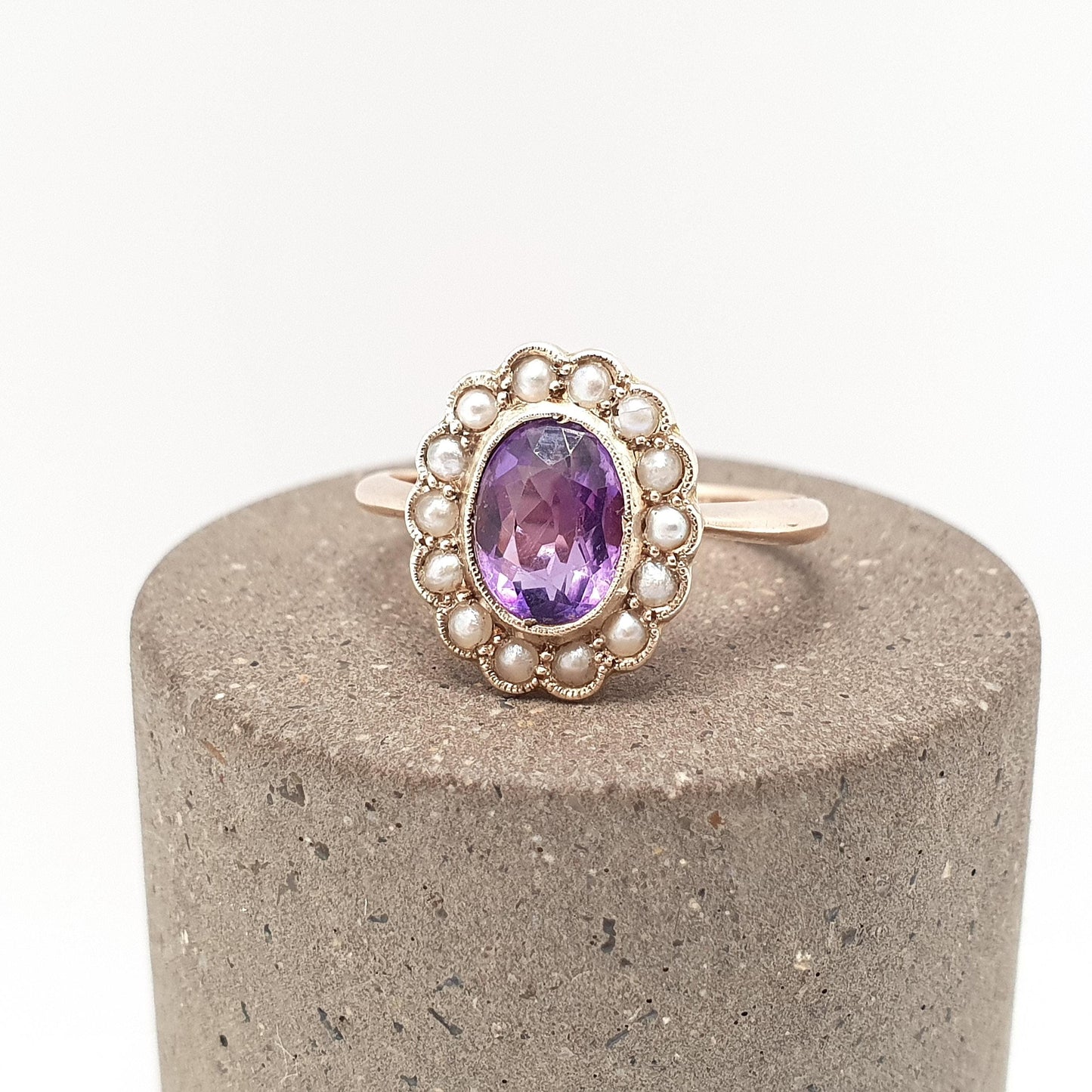 Antique 9ct 9k Gold Amethyst Ring Seed Pearl Halo Cluster Solid Silver 375 Genuine Gemstone Vintage Womens Jewelry Jewellery