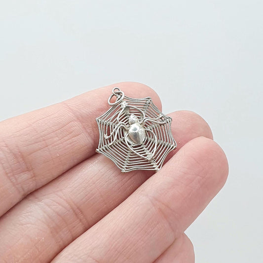 Vintage Sterling Silver Spider in Spiderweb Pendant Handmade Necklace Arachnid Insect Bug Womens Mens Jewelry Jewellery