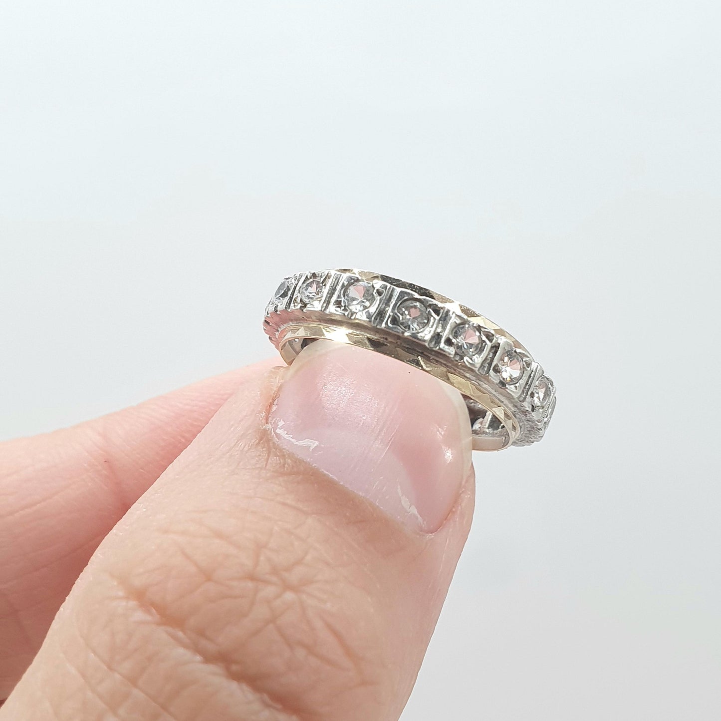 Antique 9ct Gold & Solid Silver White Spinel Eternity Ring Square Pattern Love Gift Vintage Womens Jewelry Jewellery UK K or US 5.25