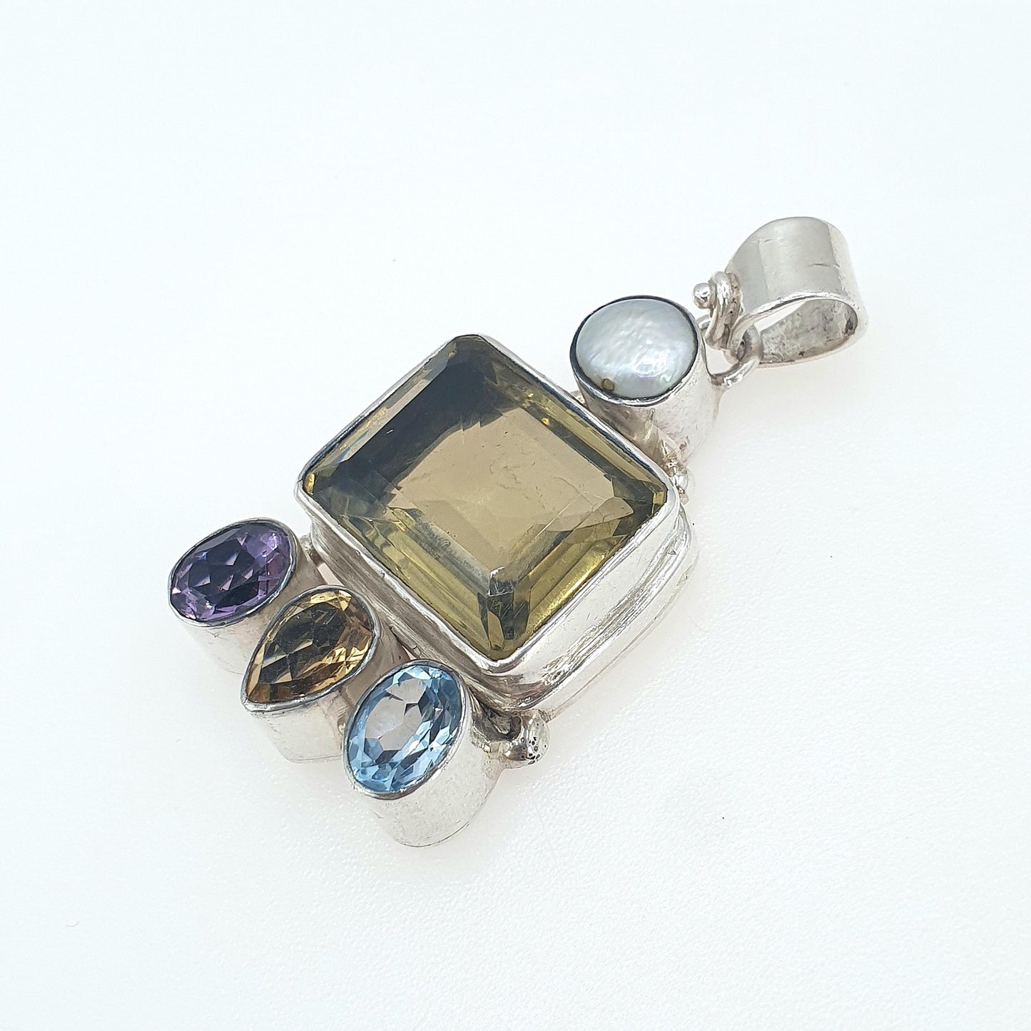 Vintage Sterling Silver Large Citrine Pendant Amethyst Swiss Topaz and Pearl Chunky Huge Big Necklace Womens Jewelry Jewellery