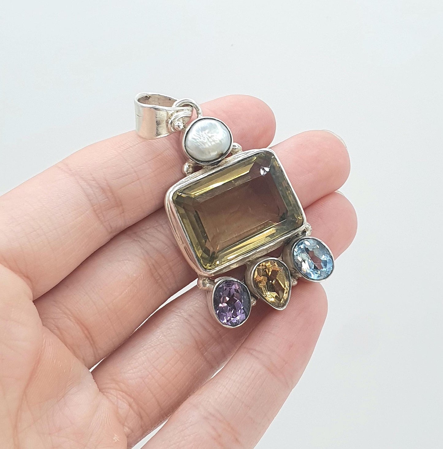 Vintage Sterling Silver Large Citrine Pendant Amethyst Swiss Topaz and Pearl Chunky Huge Big Necklace Womens Jewelry Jewellery