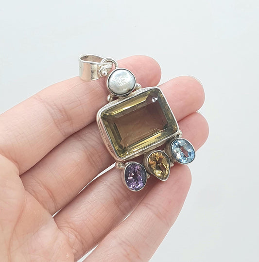 Vintage Sterling Silver Large Citrine Pendant Amethyst Swiss Topaz and Pearl Chunky Huge Big Necklace Womens Jewelry Jewellery