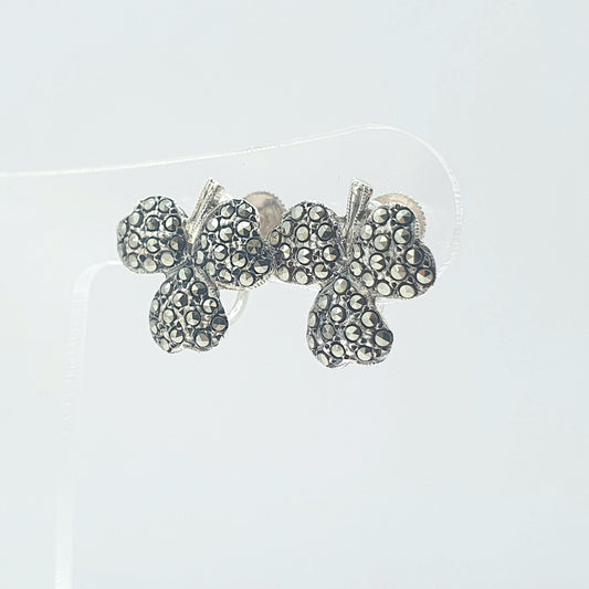 Antique Sterling Silver Clover Earrings Marcasite Art Deco Good Luck Lucky Shamrock Screw Back Womens Ladies Jewelry Vintage Jewellery